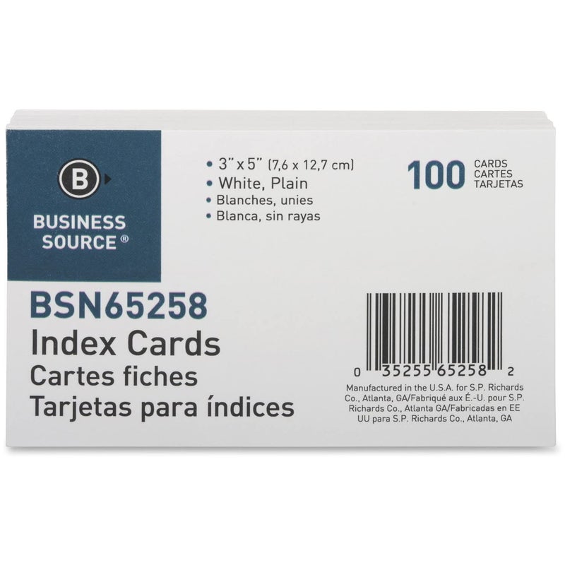 Business Source 65258 Index Cards, Plain, 90lb., 3-Inch x5-Inch , 100/PK, White